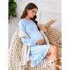 image:imageFlygo Cotton Gingham Nightgowns for Women Crewneck Long Sleeve Button Down Sleepwear Ruffled House Pajama Dress with PocketsBlue