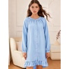 image:imageFlygo Cotton Gingham Nightgowns for Women Crewneck Long Sleeve Button Down Sleepwear Ruffled House Pajama Dress with PocketsBlue