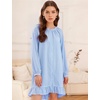 image:imageFlygo Cotton Gingham Nightgowns for Women Crewneck Long Sleeve Button Down Sleepwear Ruffled House Pajama Dress with PocketsBlue