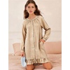 image:imageFlygo Cotton Gingham Nightgowns for Women Crewneck Long Sleeve Button Down Sleepwear Ruffled House Pajama Dress with PocketsBrown