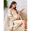 image:imageFlygo Cotton Gingham Nightgowns for Women Crewneck Long Sleeve Button Down Sleepwear Ruffled House Pajama Dress with PocketsBrown