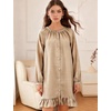 image:imageFlygo Cotton Gingham Nightgowns for Women Crewneck Long Sleeve Button Down Sleepwear Ruffled House Pajama Dress with PocketsBrown