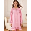 image:imageFlygo Cotton Gingham Nightgowns for Women Crewneck Long Sleeve Button Down Sleepwear Ruffled House Pajama Dress with PocketsPink