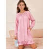 image:imageFlygo Cotton Gingham Nightgowns for Women Crewneck Long Sleeve Button Down Sleepwear Ruffled House Pajama Dress with PocketsPink