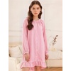 image:imageFlygo Cotton Gingham Nightgowns for Women Crewneck Long Sleeve Button Down Sleepwear Ruffled House Pajama Dress with PocketsPink