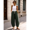 image:imageFlygo Cotton Linen Pants Women Wide Leg Harem Baggy Pants Summer Elastic Waist Flowy Casual Barrel Lantern TrousersArmy Green