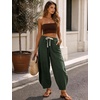 image:imageFlygo Cotton Linen Pants Women Wide Leg Harem Baggy Pants Summer Elastic Waist Flowy Casual Barrel Lantern TrousersArmy Green
