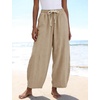image:imageFlygo Cotton Linen Pants Women Wide Leg Harem Baggy Pants Summer Elastic Waist Flowy Casual Barrel Lantern TrousersKhaki