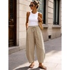 image:imageFlygo Cotton Linen Pants Women Wide Leg Harem Baggy Pants Summer Elastic Waist Flowy Casual Barrel Lantern TrousersKhaki