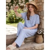 image:imageFlygo Gingham Cotton Pajamas for Women Set 2 Piece Plaid Puff Short Sleeve Henley Top and Long Pants Pjs Lounge SetsBlue