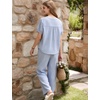 image:imageFlygo Gingham Cotton Pajamas for Women Set 2 Piece Plaid Puff Short Sleeve Henley Top and Long Pants Pjs Lounge SetsBlue