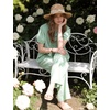 image:imageFlygo Gingham Cotton Pajamas for Women Set 2 Piece Plaid Puff Short Sleeve Henley Top and Long Pants Pjs Lounge SetsGreen
