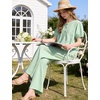 image:imageFlygo Gingham Cotton Pajamas for Women Set 2 Piece Plaid Puff Short Sleeve Henley Top and Long Pants Pjs Lounge SetsGreen