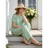 image:imageFlygo Gingham Cotton Pajamas for Women Set 2 Piece Plaid Puff Short Sleeve Henley Top and Long Pants Pjs Lounge SetsGreen