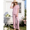 image:imageFlygo Gingham Cotton Pajamas for Women Set 2 Piece Plaid Puff Short Sleeve Henley Top and Long Pants Pjs Lounge SetsPink