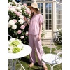 image:imageFlygo Gingham Cotton Pajamas for Women Set 2 Piece Plaid Puff Short Sleeve Henley Top and Long Pants Pjs Lounge SetsPink