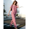 image:imageFlygo Gingham Cotton Pajamas for Women Set 2 Piece Plaid Puff Short Sleeve Henley Top and Long Pants Pjs Lounge SetsRed