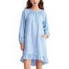 image:imageFlygo Cotton Gingham Nightgowns for Women Crewneck Long Sleeve Button Down Sleepwear Ruffled House Pajama Dress with PocketsBlue