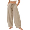 image:imageFlygo Cotton Linen Pants Women Wide Leg Harem Baggy Pants Summer Elastic Waist Flowy Casual Barrel Lantern TrousersKhaki
