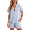 image:imageFlygo Womens Striped Pajama Set Cotton 2 Piece Lounge Pajamas Sets Short Sleeve Ruffle Shirt Shorts Y2K Pj SleepwearSubtle Blue
