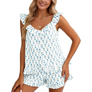image:imageFlygo Cotton Pajamas for Women Set Floral Pajama Sets Ruffle Cami Top and Shorts Cute Summer Outfits Y2K SleepwearLight Blue