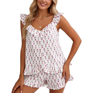 image:imageFlygo Cotton Pajamas for Women Set Floral Pajama Sets Ruffle Cami Top and Shorts Cute Summer Outfits Y2K SleepwearPink