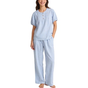 image:imageFlygo Gingham Cotton Pajamas for Women Set 2 Piece Plaid Puff Short Sleeve Henley Top and Long Pants Pjs Lounge SetsBlue
