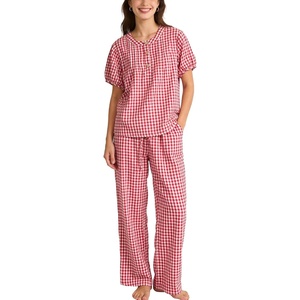 image:imageFlygo Gingham Cotton Pajamas for Women Set 2 Piece Plaid Puff Short Sleeve Henley Top and Long Pants Pjs Lounge SetsRed