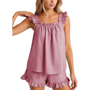 image:imageFlygo Striped Pajamas Set for Women Cotton 2 Piece Lounge Sets Ruffle Cami Top and Shorts Cute Summer Pj SleepwearWine Red