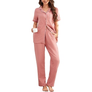 image:imageFlygo Womens 100 Cotton Polka Dot Pajama Set Short Sleeve Button Down Top amp Long Pants Sleepwear with PocketsPink