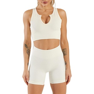 image:imageFlygo Womens 2 Piece Workout Sets Ribbed Crop Tank Top High Waist Shorts Gym Yoga OutfitsBeige
