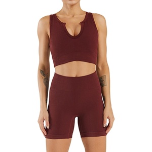 image:imageFlygo Womens 2 Piece Workout Sets Ribbed Crop Tank Top High Waist Shorts Gym Yoga OutfitsCoffee
