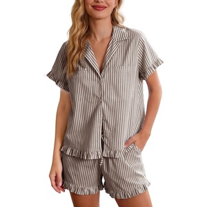 image:imageFlygo Womens Striped Pajama Set Cotton 2 Piece Lounge Pajamas Sets Short Sleeve Ruffle Shirt Shorts Y2K Pj SleepwearCoffee