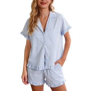 image:imageFlygo Womens Striped Pajama Set Cotton 2 Piece Lounge Pajamas Sets Short Sleeve Ruffle Shirt Shorts Y2K Pj SleepwearSubtle Blue