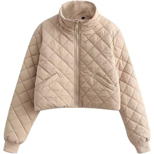 image:imageFlygo Womens Quilted Padded Jacket Diamond Stand Collar Zip up Lightweight Cropped JacketsKhaki
