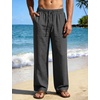 image:imageFlygo Mens Casual Linen Pants Baggy Loose Fit Elastic Waist Drawstring Pants Straight Wide Leg Beach Trousers with PocketsGrey