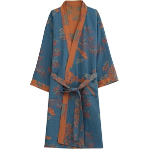 image:imageFlygo Cotton Robes for Women Gauze Kimono Robe Bathrobe Floral Jacquard Japanese Yukata Sleepwear Nightgowns LoungewearDark Blue