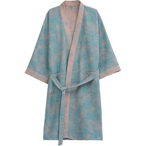 image:imageFlygo Cotton Robes for Women Gauze Kimono Robe Bathrobe Floral Jacquard Japanese Yukata Sleepwear Nightgowns LoungewearTurquoise