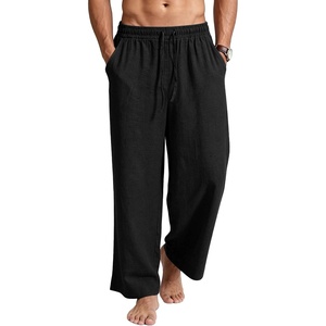 image:imageFlygo Mens Casual Linen Pants Baggy Loose Fit Elastic Waist Drawstring Pants Straight Wide Leg Beach Trousers with PocketsBlack