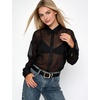 image:imageFlygo Sheer Tops for Women See Through Shiny Button Down Shirts Sexy Long Sleeve Loose Collared Blouse Top for Going OutBlack