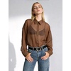 image:imageFlygo Sheer Tops for Women See Through Shiny Button Down Shirts Sexy Long Sleeve Loose Collared Blouse Top for Going OutBrown
