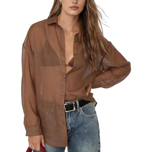 image:imageFlygo Sheer Tops for Women See Through Shiny Button Down Shirts Sexy Long Sleeve Loose Collared Blouse Top for Going OutBrown