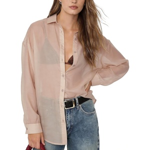 image:imageFlygo Sheer Tops for Women See Through Shiny Button Down Shirts Sexy Long Sleeve Loose Collared Blouse Top for Going OutChampagne
