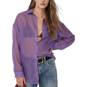 image:imageFlygo Sheer Tops for Women See Through Shiny Button Down Shirts Sexy Long Sleeve Loose Collared Blouse Top for Going OutPurple
