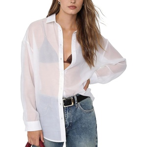 image:imageFlygo Sheer Tops for Women See Through Shiny Button Down Shirts Sexy Long Sleeve Loose Collared Blouse Top for Going OutWhite