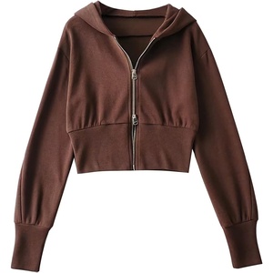 image:imageFlygo Womens Zip Up Hoodies Long Sleeve Cropped Tops Full Zipper Sweatshirt CardiganCoffee