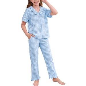 image:imageFlygo Girls Clothing Sets Gingham Ruffle Cotton 2 Piece Outfits Kids Short Sleeve Button Down Top Pants Set Cute Plaid OutfitBlue