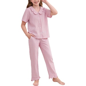 image:imageFlygo Girls Clothing Sets Gingham Ruffle Cotton 2 Piece Outfits Kids Short Sleeve Button Down Top Pants Set Cute Plaid OutfitPink