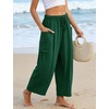 image:imageFlygo Women Wide Leg Pants Summer Beach Flowy Palazzo Trousers High Waisted Drawstring Casual Loose Harem Pants with PocketsDark Green