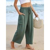 image:imageFlygo Women Wide Leg Pants Summer Beach Flowy Palazzo Trousers High Waisted Drawstring Casual Loose Harem Pants with PocketsGreen